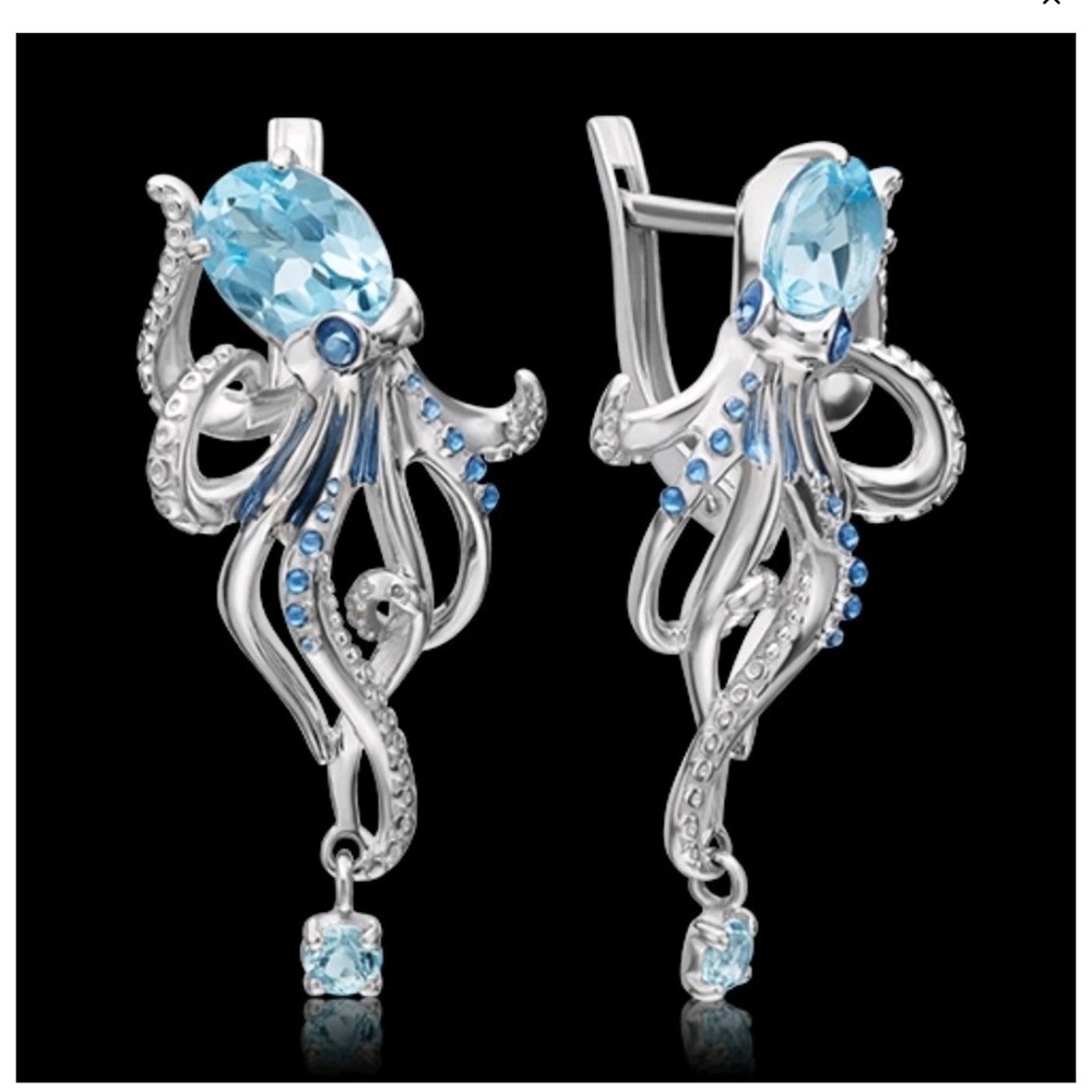 Octopus Blue topaz earrings 925 sterling silver dongle enamel english lock